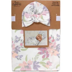 A.D Sutton - Baby Cotton Swaddle Blanket Wrap With Headband Or Hat Set, Lilac Flower