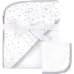 Baby Vision Bath - Print Woven Hooded Towel And Washcloth, Gray Cloud