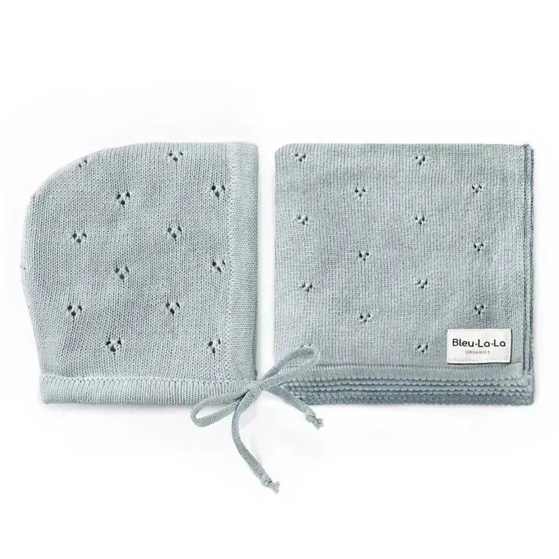 Bleu La La - 100% Organic Cotton Luxury Organic Blanket + Bonnet Hat Set, Blue 3 Bleu La La - 100% Organic Cotton Luxury Organic Blanket + Bonnet Hat Set, Blue
