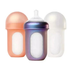 Boon - Nursh Silicone Baby Bottles With Collapsible Silicone Pouch - 8 Fl Oz, 3pk, Metallic