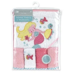 Cotton Pink Grey Hooded Towel And Washcloth Set (Mermaid)