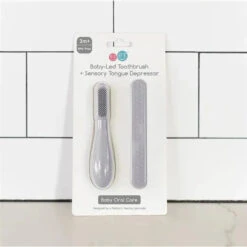 Ezpz - Baby-Led™ Toothbrush + Sensory Tongue Depressor Dual Pack, Pewter -Macro Baby Store ezpz baby led toothbrush sensory tongue depressor dual pack pewter image 3