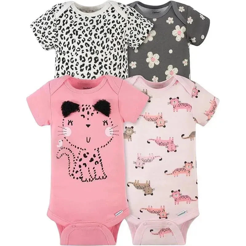 Gerber - 4Pk Baby Short Sleeve Onesies - Girl Leopard 3 Gerber - 4Pk Baby Short Sleeve Onesies - Girl Leopard