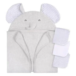 Gerber - Baby Hooded Bath Towel & Washcloths, Elephant