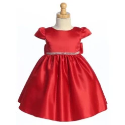 Lito - Baby Girl Satin Dress With Beads & Rhinestone Trim, Christmas Red, 12-18M