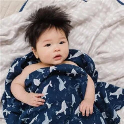 Loulou Lollipop - Muslin Swaddle, Blue Whales 9 Loulou Lollipop - Muslin Swaddle, Blue Whales -Macro Baby Store loulou lollipop muslin swaddle blue whales image 3