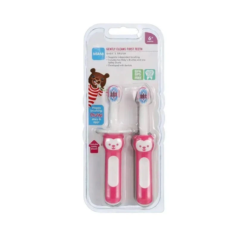 MAM 2-Pack 6+ Months Baby Toothbrush - Pink 4 MAM 2-Pack 6+ Months Baby Toothbrush - Pink - Image 2