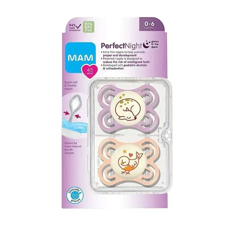 MAM's 2-Pack 0-6 Months Perfect Night Pacifiers - Pink/Purple 4 MAM's 2-Pack 0-6 Months Perfect Night Pacifiers - Pink/Purple - Image 2