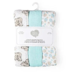 Rose Textiles - 3 Pack Baby Muslin Swaddle Blanket, Elephant Blue