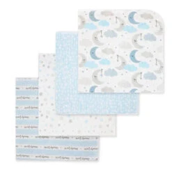 Rose Textiles - 4 Pack Receiving Blanket, Blue Sweet Dreams