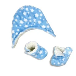 Rose Textiles - Baby Boy All Over Print Plush Hat & Bootie Set, Blue