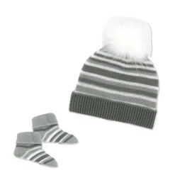 Rose Textiles - Baby Grey Striped Knit Hat & Bootie Set