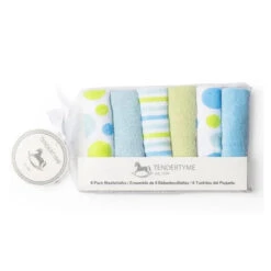 Rose Textiles Baby Washcloth Set - Blue, Green & White Circles 6 Pc