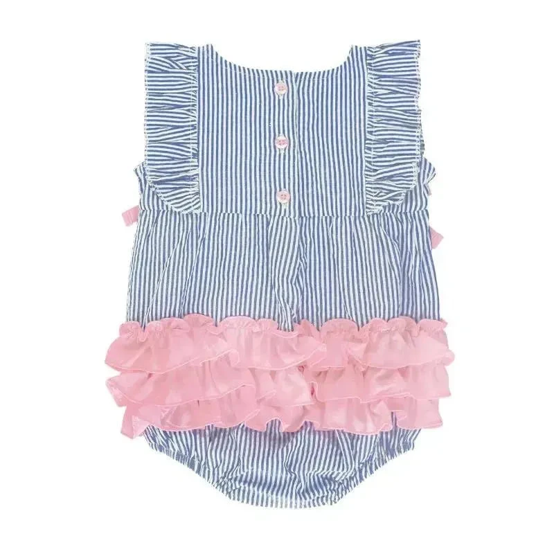 Rufflebutts - Baby Girls Blue Seersucker Classic Ruffle Bubble 4 Rufflebutts - Baby Girls Blue Seersucker Classic Ruffle Bubble - Image 2