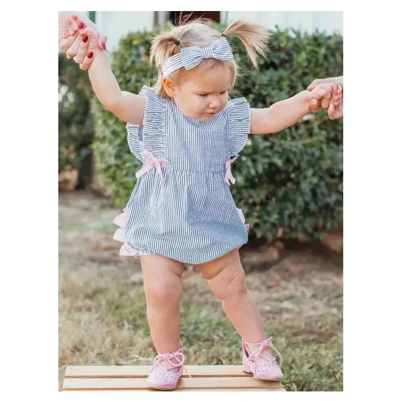 Rufflebutts - Baby Girls Blue Seersucker Classic Ruffle Bubble 6 Rufflebutts - Baby Girls Blue Seersucker Classic Ruffle Bubble - Image 4