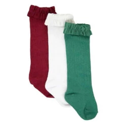 Rufflebutts - Girls 3-Pack Knee High Ruffle Socks, Dark Cherry, White, & Fir Green Red