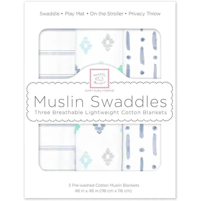 Swaddle Designs - 3Pk Muslin Swaddle Blankets, Indigo Denim 3 Swaddle Designs - 3Pk Muslin Swaddle Blankets, Indigo Denim