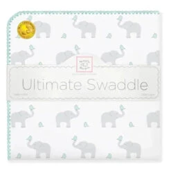 Swaddle Designs - Ultimate Swaddle Blanket, Elephant & Chickies, Seacrystal