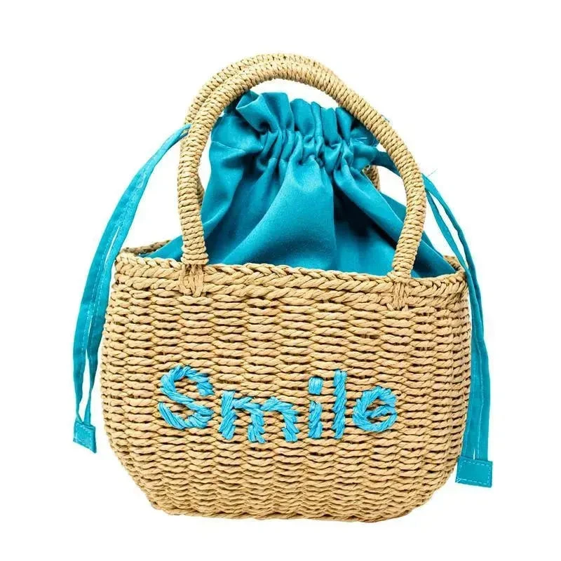Tiny Treats - Girls Wicker Basket Message Handbag, Smile Teal 3 Tiny Treats - Girls Wicker Basket Message Handbag, Smile Teal