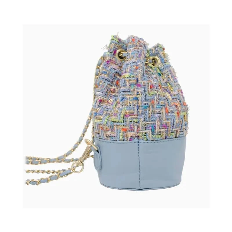Tiny Treats - Tweed Drawstring Backpack Bag, Blue 4 Tiny Treats - Tweed Drawstring Backpack Bag, Blue - Image 2