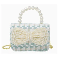 Tiny Treats - Tweed Pearl Handle Bow Purse, Blue