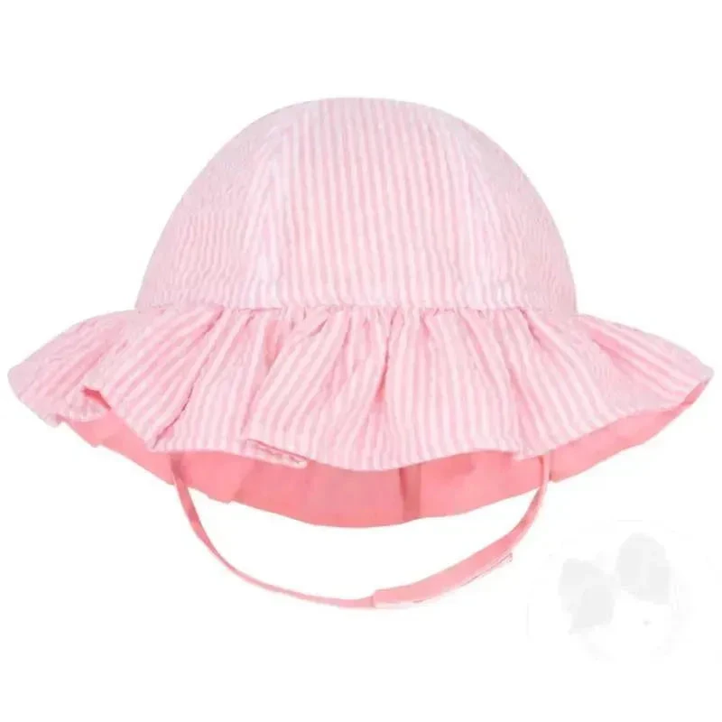 Wee Ones - Girls Reversible Ruffle Brim Seersucker Sun Hat, Pink Stripes 3 Wee Ones - Girls Reversible Ruffle Brim Seersucker Sun Hat, Pink Stripes