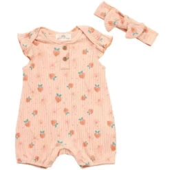 Willow + Whimsy - 2Pk Baby Girl Peach Romper With Headband
